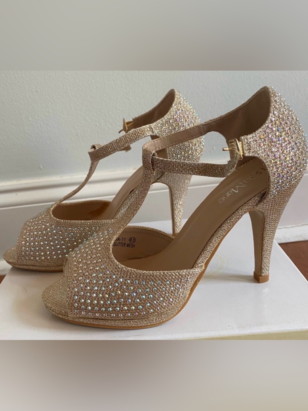 Bella Marie Gold Crystal T-Strap Open-Toe Heels